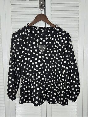 J Crew Peplum Painted Black White Polka Dots Satin Backed Crepe V Neck Blouse 6